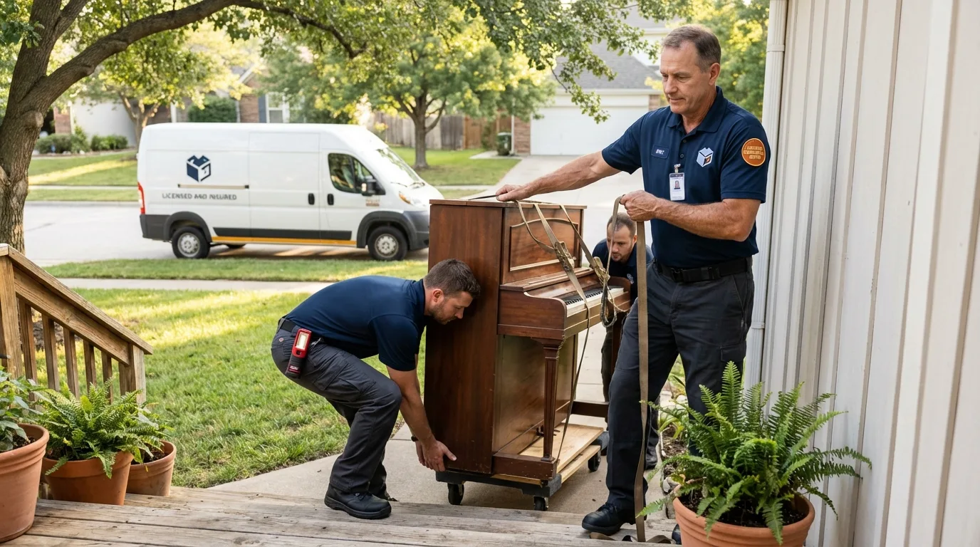 Licensed piano movers securing grand piano in Plummer, ID