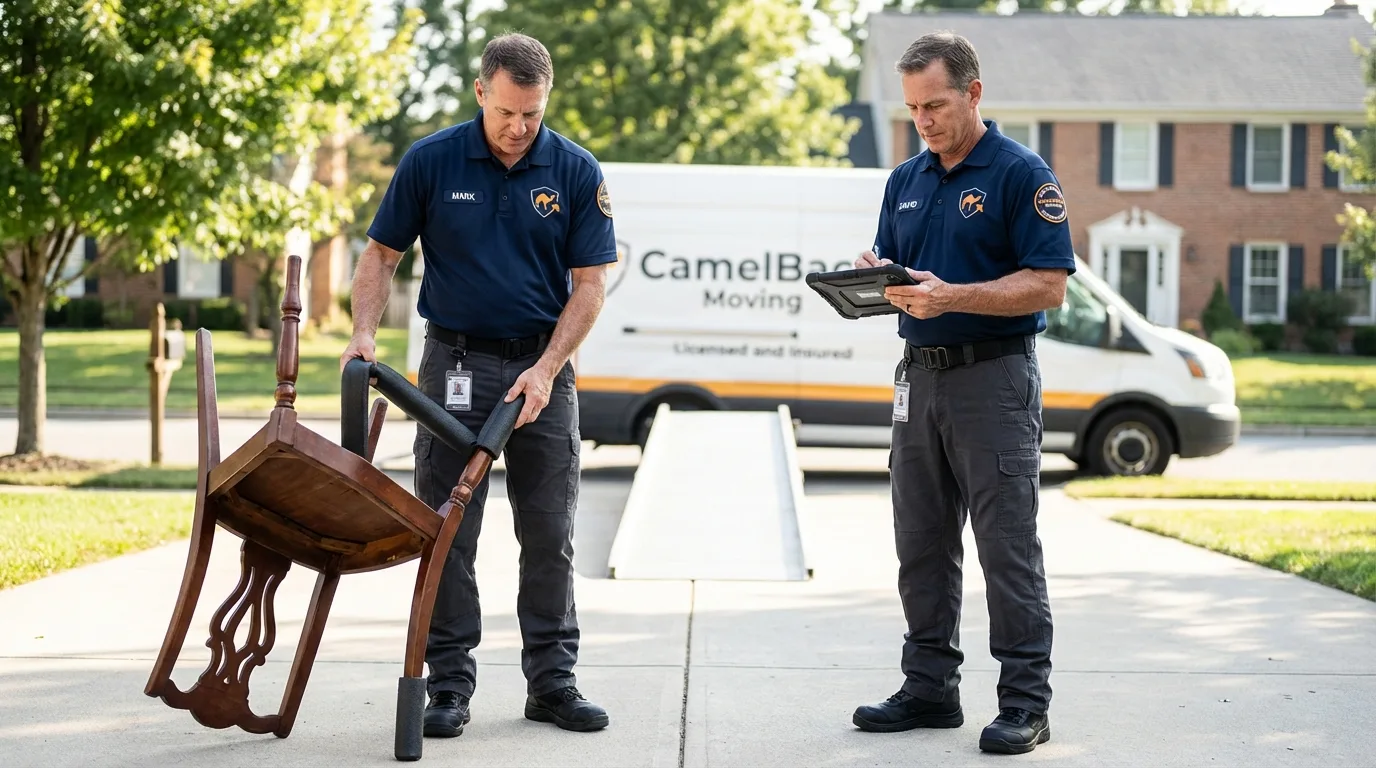 Movers inspecting furniture for damage prevention before loading in Plummer, ID