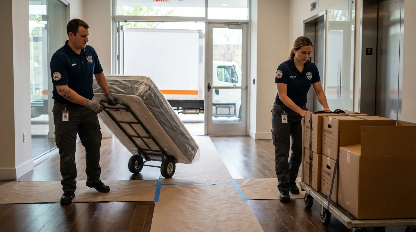 Professional apartment movers loading elevator in Plummer, ID